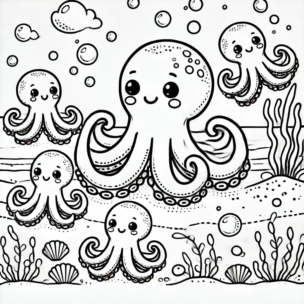 Ausmalbild - Familie Krake unter Wasser - Ozean, Krake, Familie, Meer
