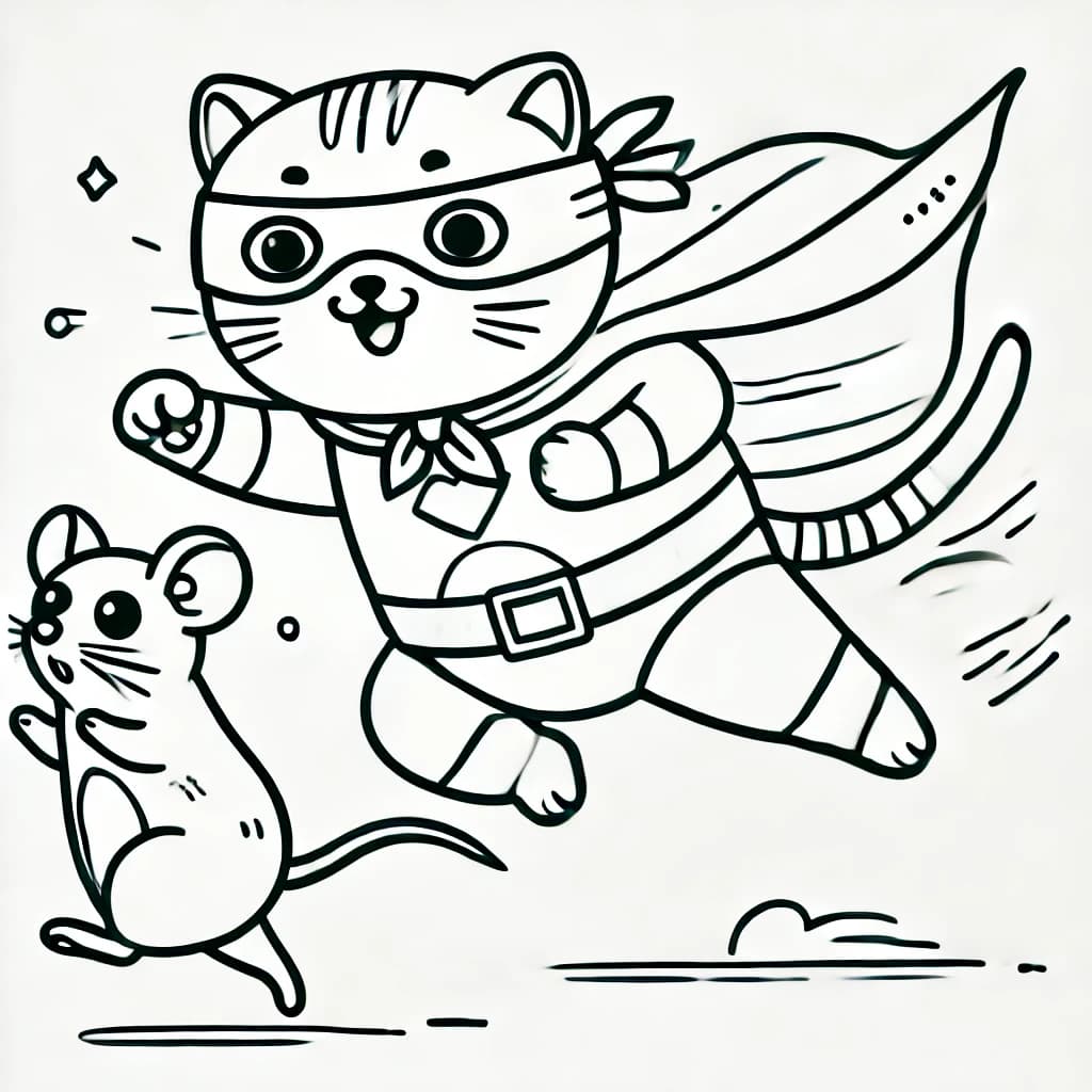 Ausmalbild - Superkatze auf Mäusejagd - Katze, Superheld, Maus, Umhang