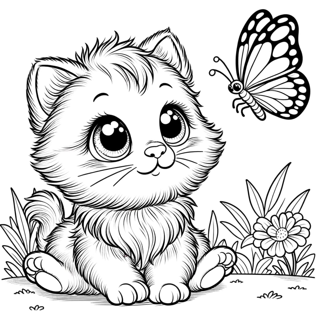 Ausmalbild - Das neugierige Kätzchen und der Schmetterling - Kätzchen, Schmetterling, Gras, Blumen