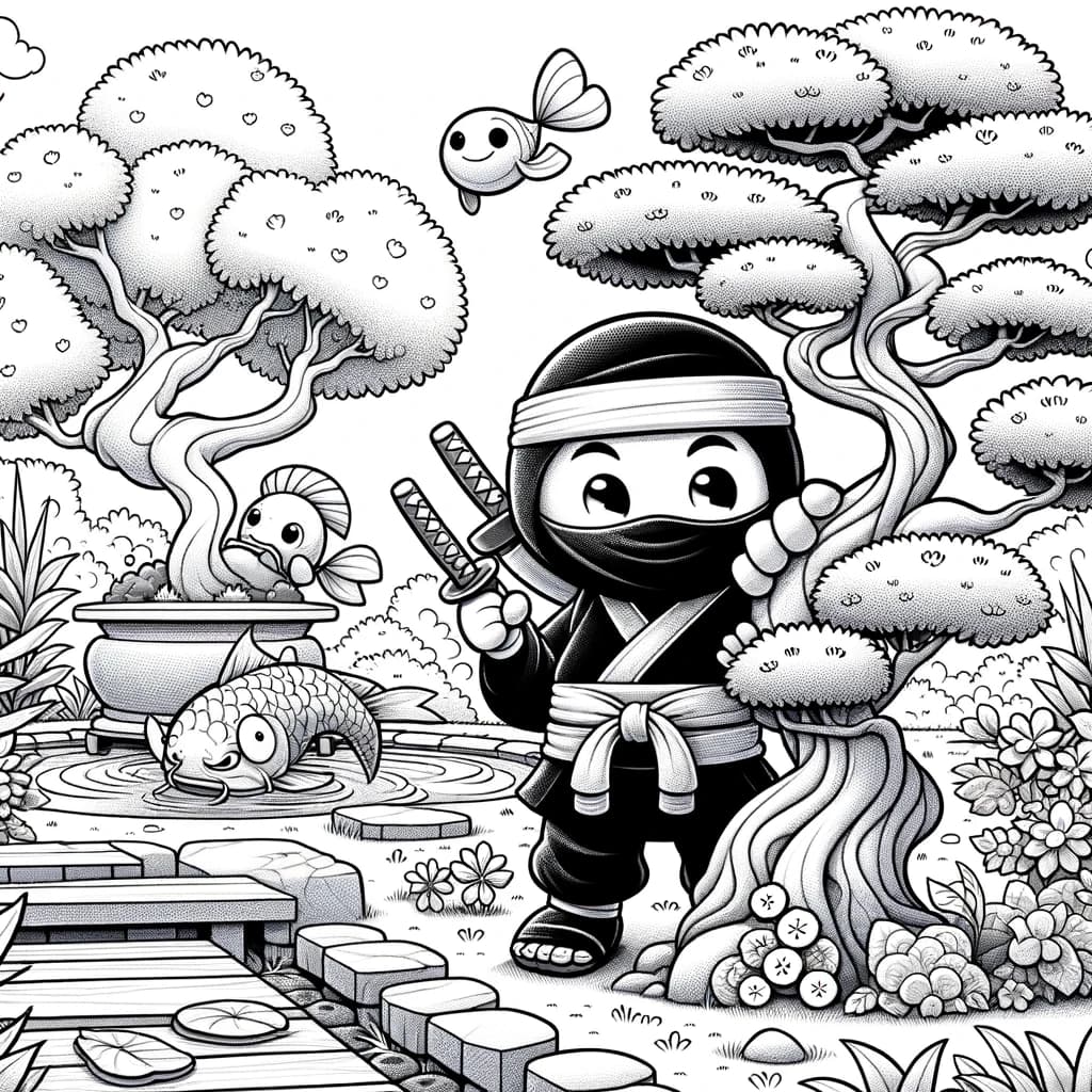 Ausmalbild - Freundliche Ninja im Garten - Ninja, Garten, Bonsai Baum, Koi Fisch