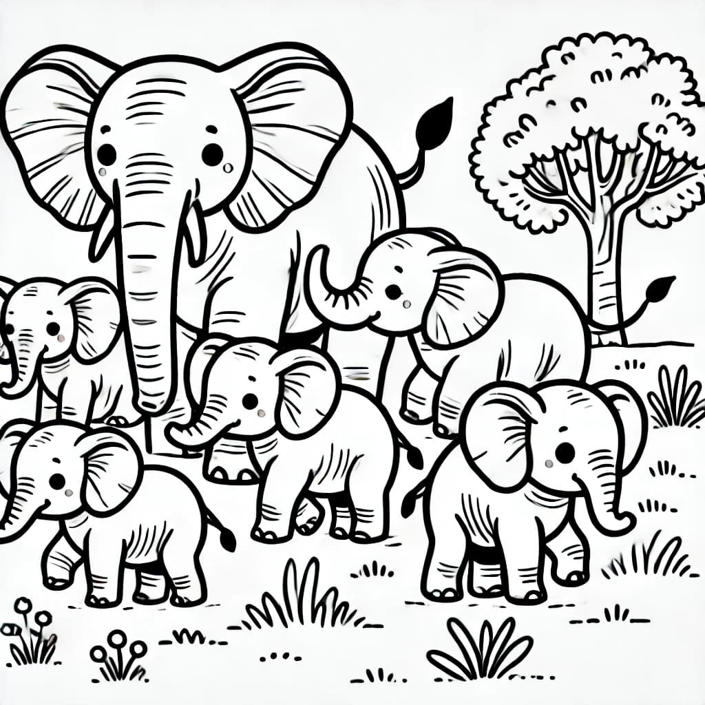 Ausmalbild - Verspielte Elefantenfamilie - Elefant, Tiere, Savanne, Natur