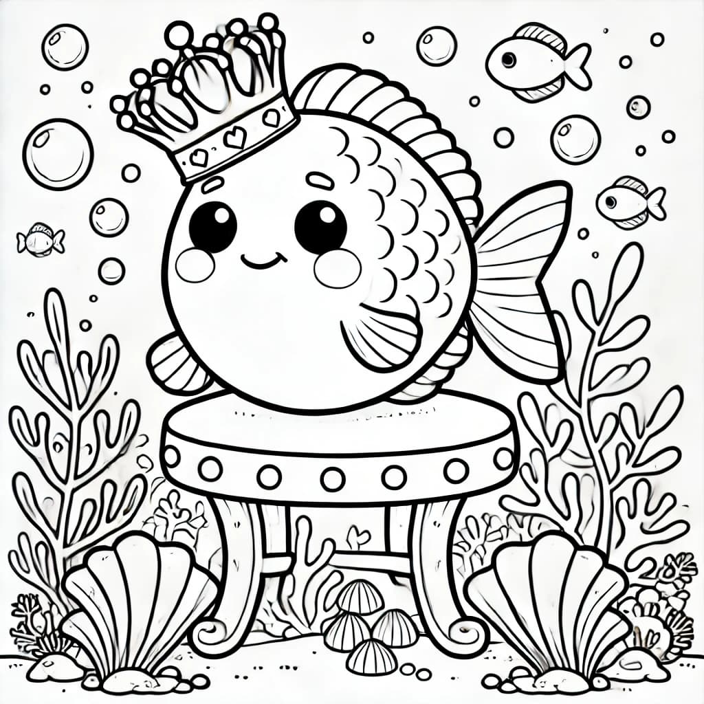Ausmalbild - Der Fisch-König auf seinem Thron - Fisch, Krone, Unterwasser, Thron