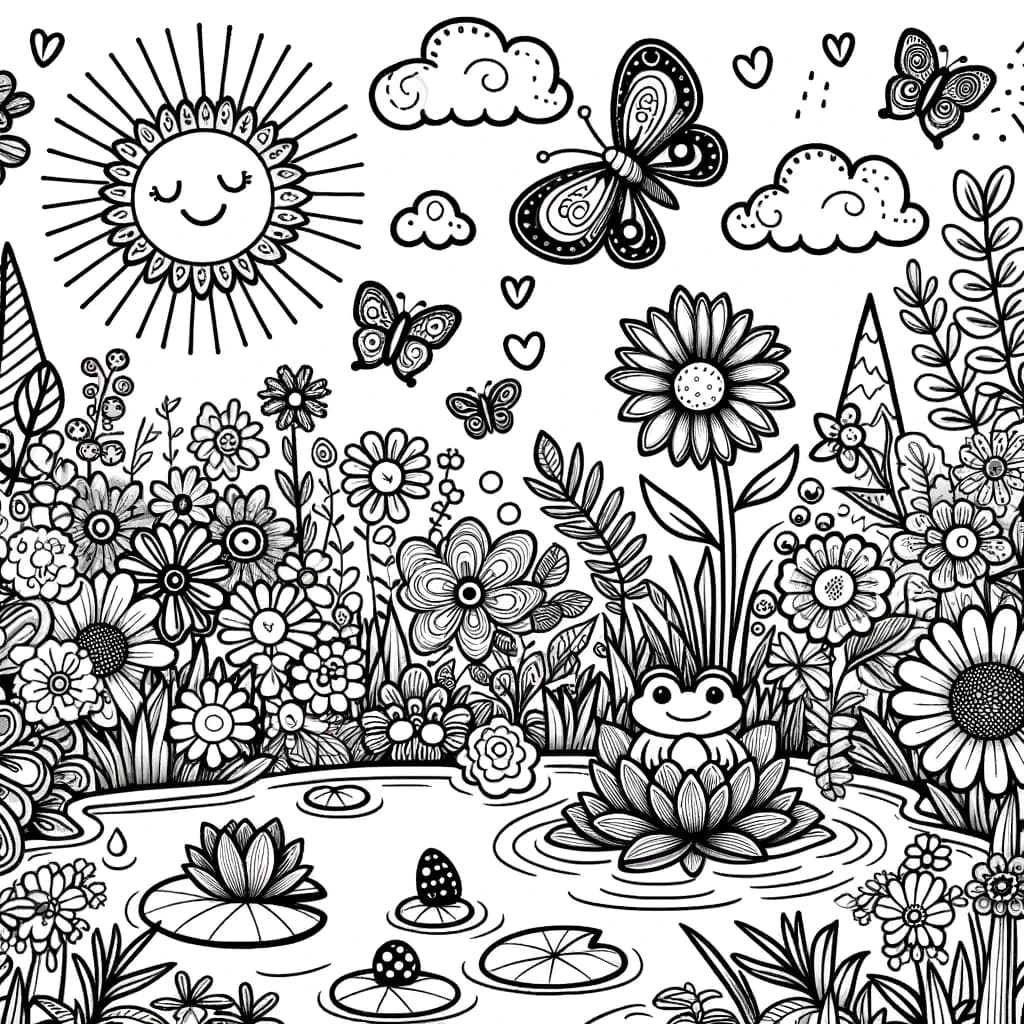 Ausmalbild - Zauberhafter Garten - Garten, Blumen, Schmetterlinge, Teich