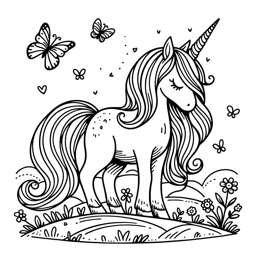 Ausmalbild - Das magische Einhorn - Einhorn, Blumen, Schmetterlinge