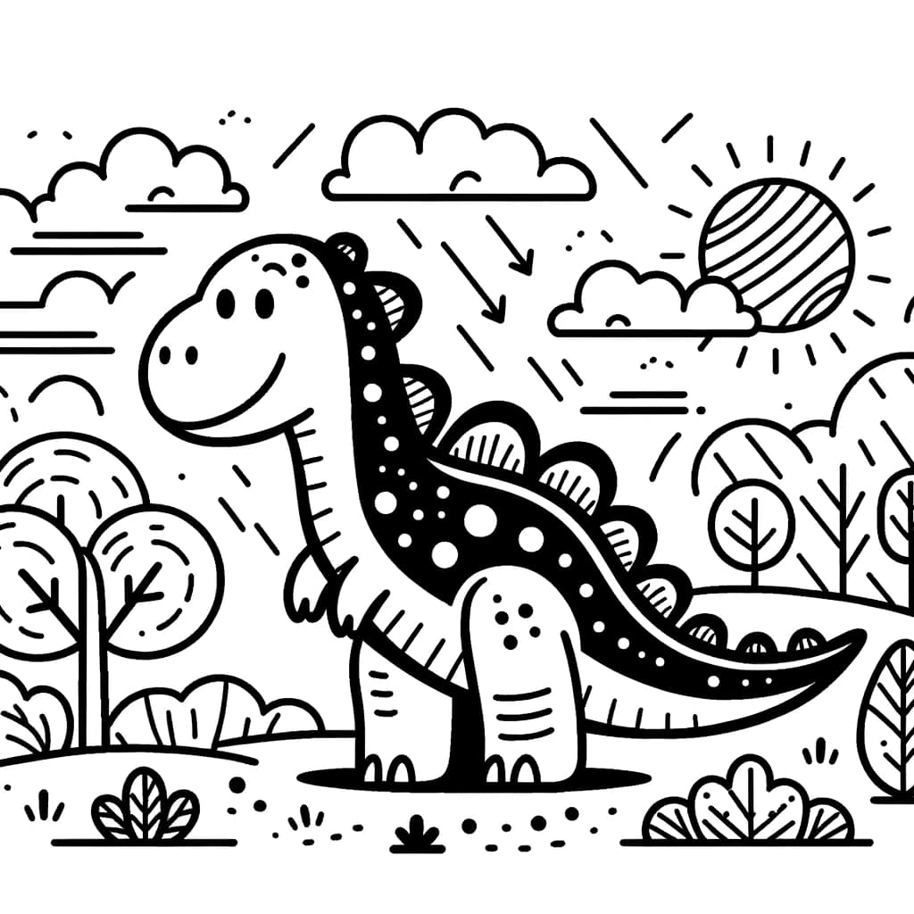 Ausmalbild - Der fröhliche Dinosaurier im Park - Dinosaurier, Bäume, Sonne, Wolken