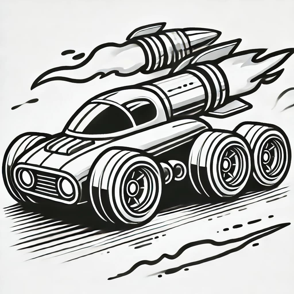 Ausmalbild - Raketenauto mit Flammen - Rakete, Auto, Flammen, Auspuff