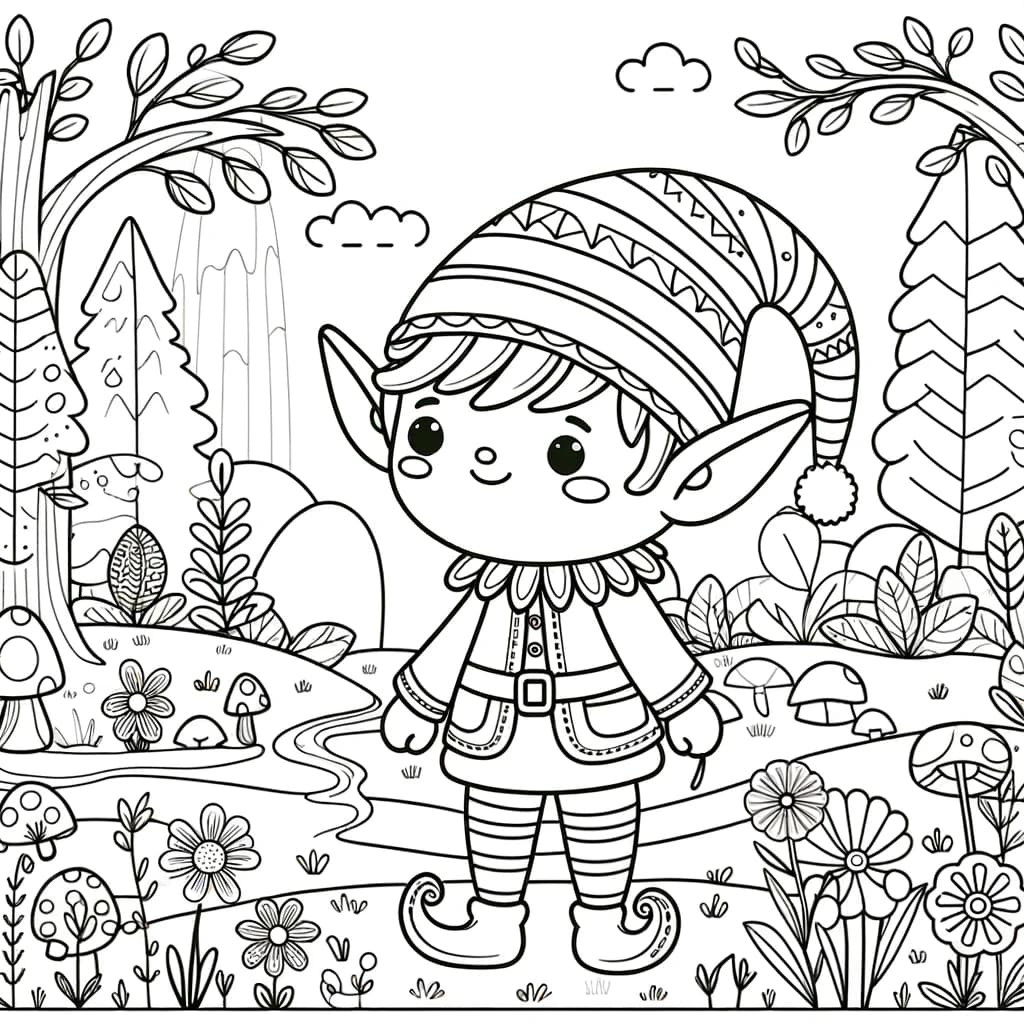 Ausmalbild - Die freundliche Elfe im Zauberwald - Elfe, Zauberwald, Blumen, Pilze