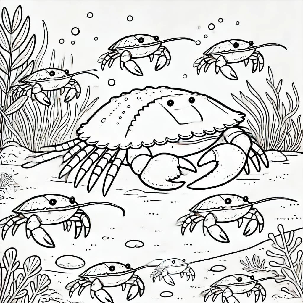 Ausmalbild - Pfeilschwanzkrebse und Riesenkrabbe unter Wasser - Pfeilschwanzkrebs, Riesenkrabbe, Unterwasserwelt, Meerestiere