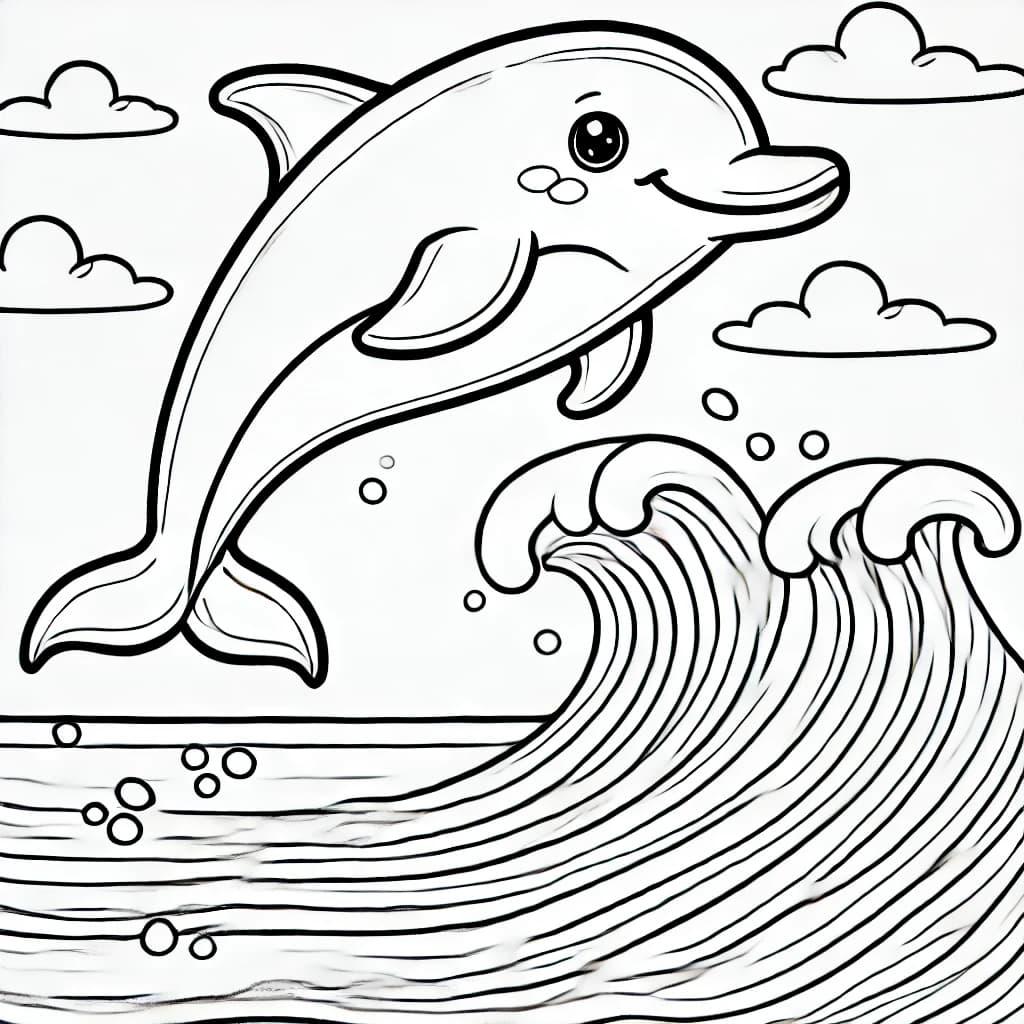 Ausmalbild - Springender Delfin - Delfin, Meer, Wellen, Ozean