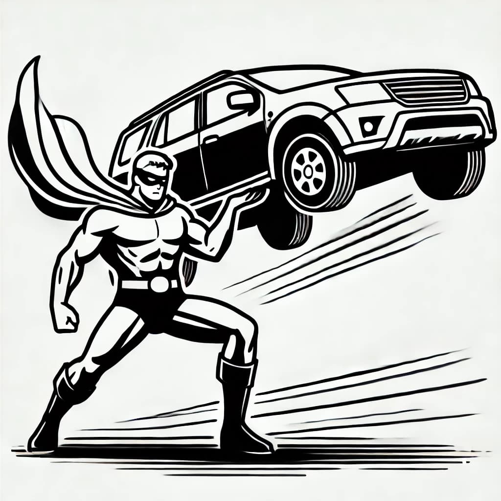 Ausmalbild - Superheld hebt Auto hoch - Superheld, Auto, Kraft, Action