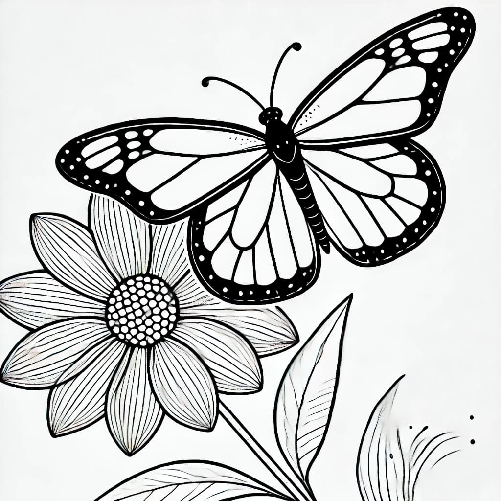 Ausmalbild - Monarchfalter auf einer Blume - Schmetterling, Blume, Monarchfalter, Insekten