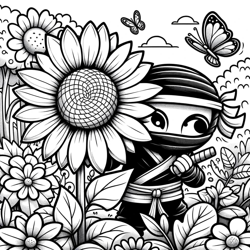 Ausmalbild - Ninja im Garten - Ninja, Garten, Sonnenblume, Schmetterlinge
