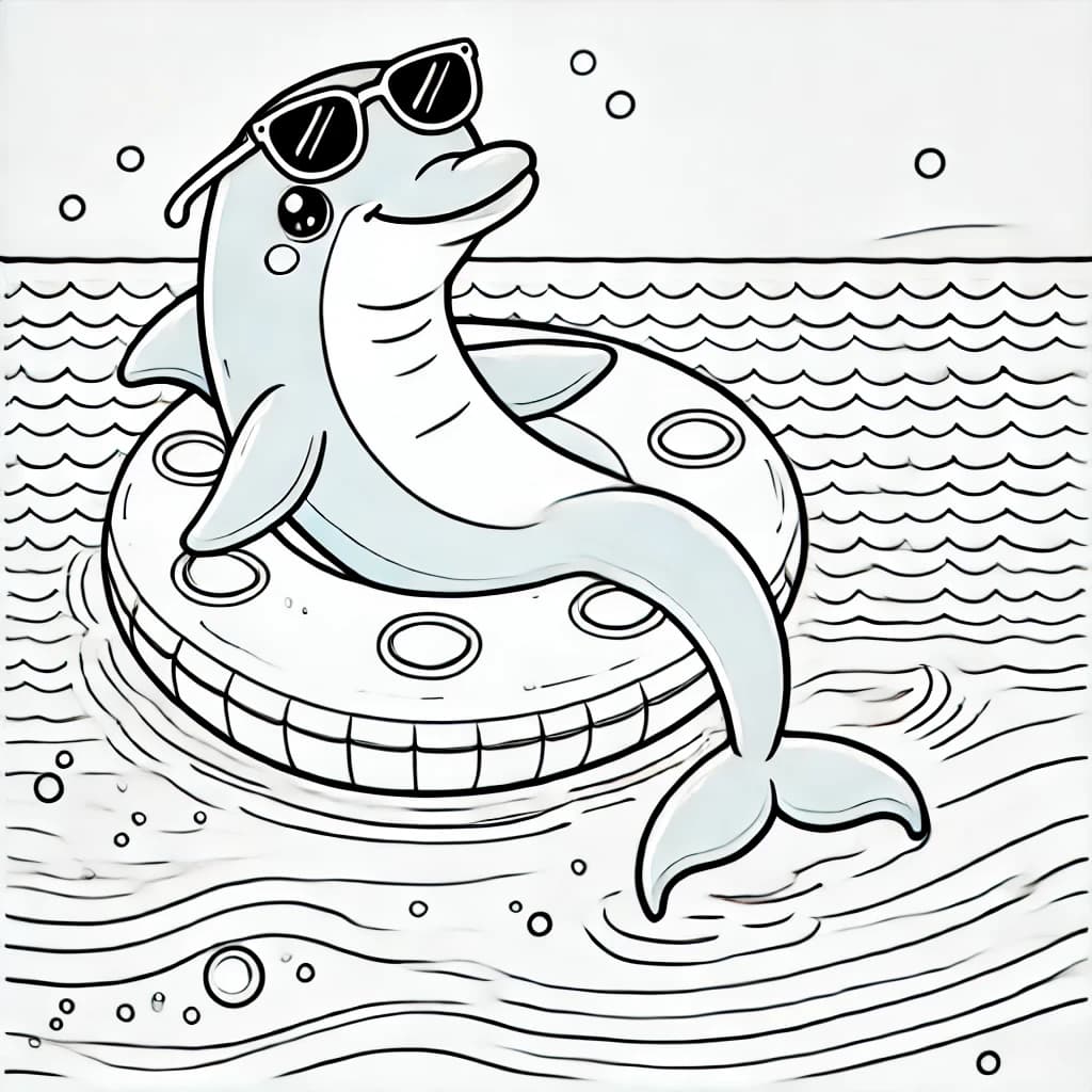 Ausmalbild - Delfin auf einer Luftmatratze - Delfin, Sonnenbrille, Luftmatratze, Wasser
