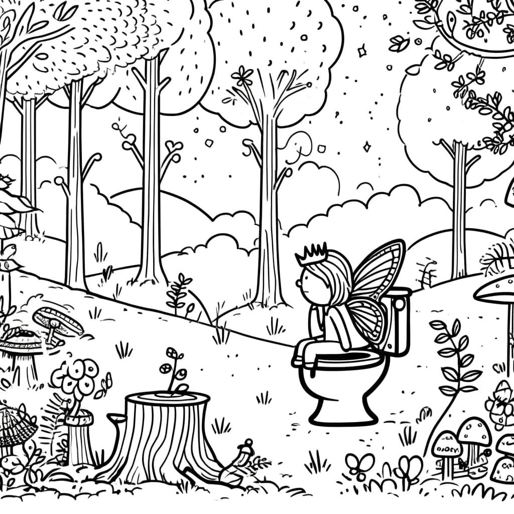 Ausmalbild - Die Fee am Naturklo - Fee, Wald, Klo, Natur