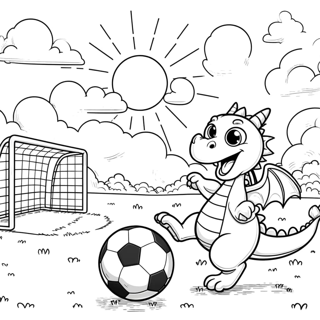 Ausmalbild - Der Fußballspielende Drache - Drache, Fußball, Tor, Feld