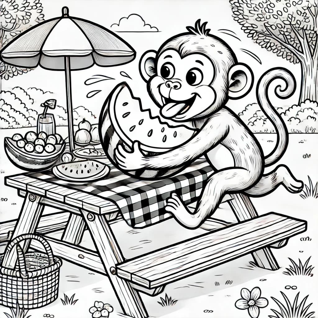 Ausmalbild - Der freche Affe und die gestohlene Melone - Affe, Picknick, Melone, lustig