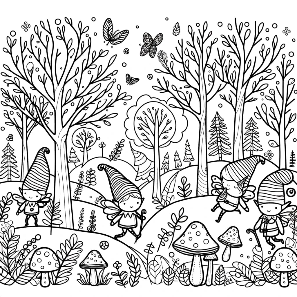 Ausmalbild - Elfen im Zauberwald - Elfen, Zauberwald, Bäume, Pilze
