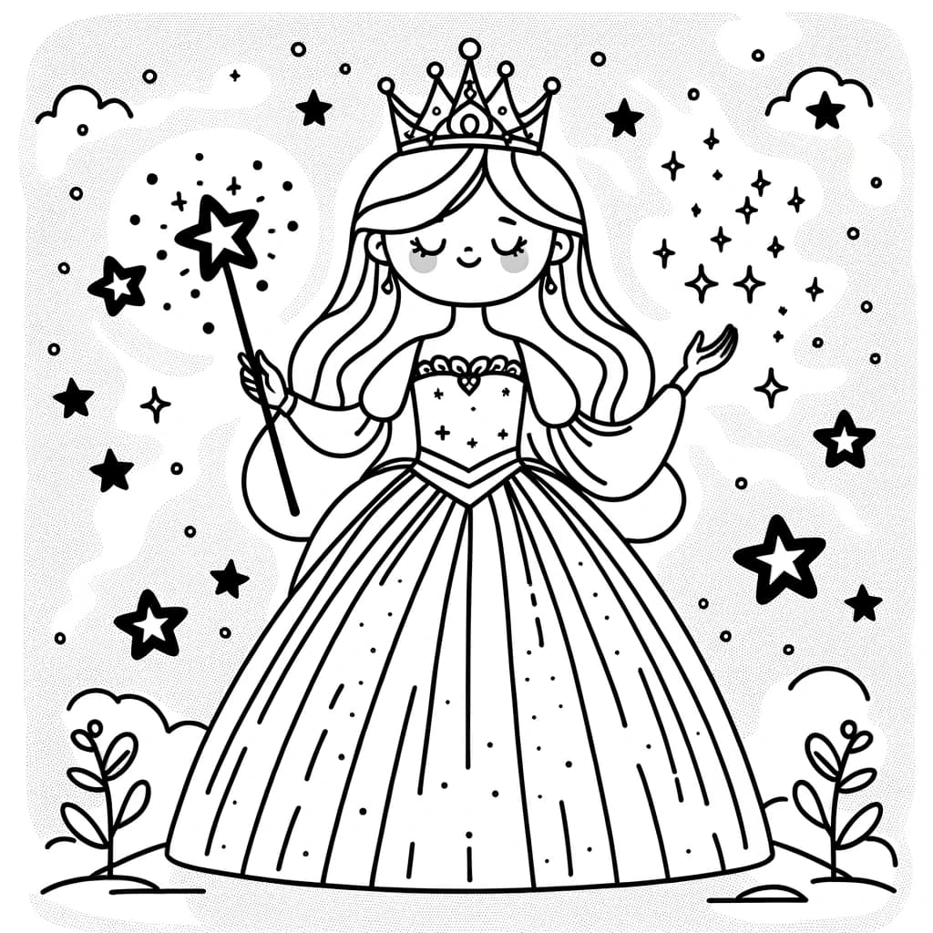 Ausmalbild - Die magische Prinzessin - magische Prinzessin, Krone, Zauberstab, Sterne
