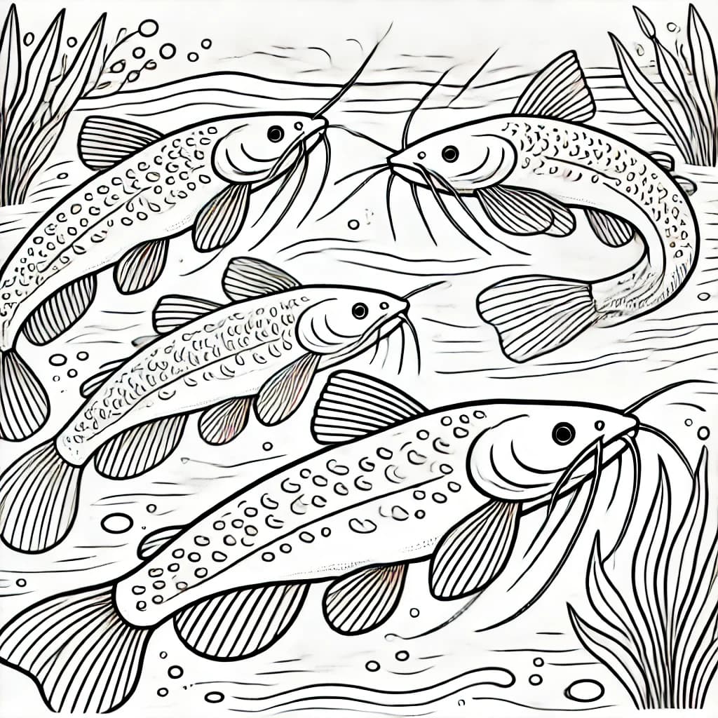 Ausmalbild - Kiemensackwelse im Fluss - Fisch, Wels, Unterwasser, Fluss