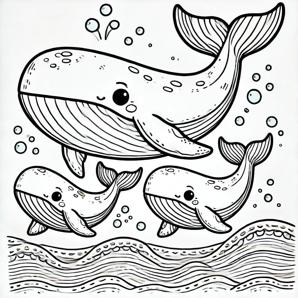 Ausmalbild - Familie Wal im Meer - Wal, Familie, Ozean, Meer