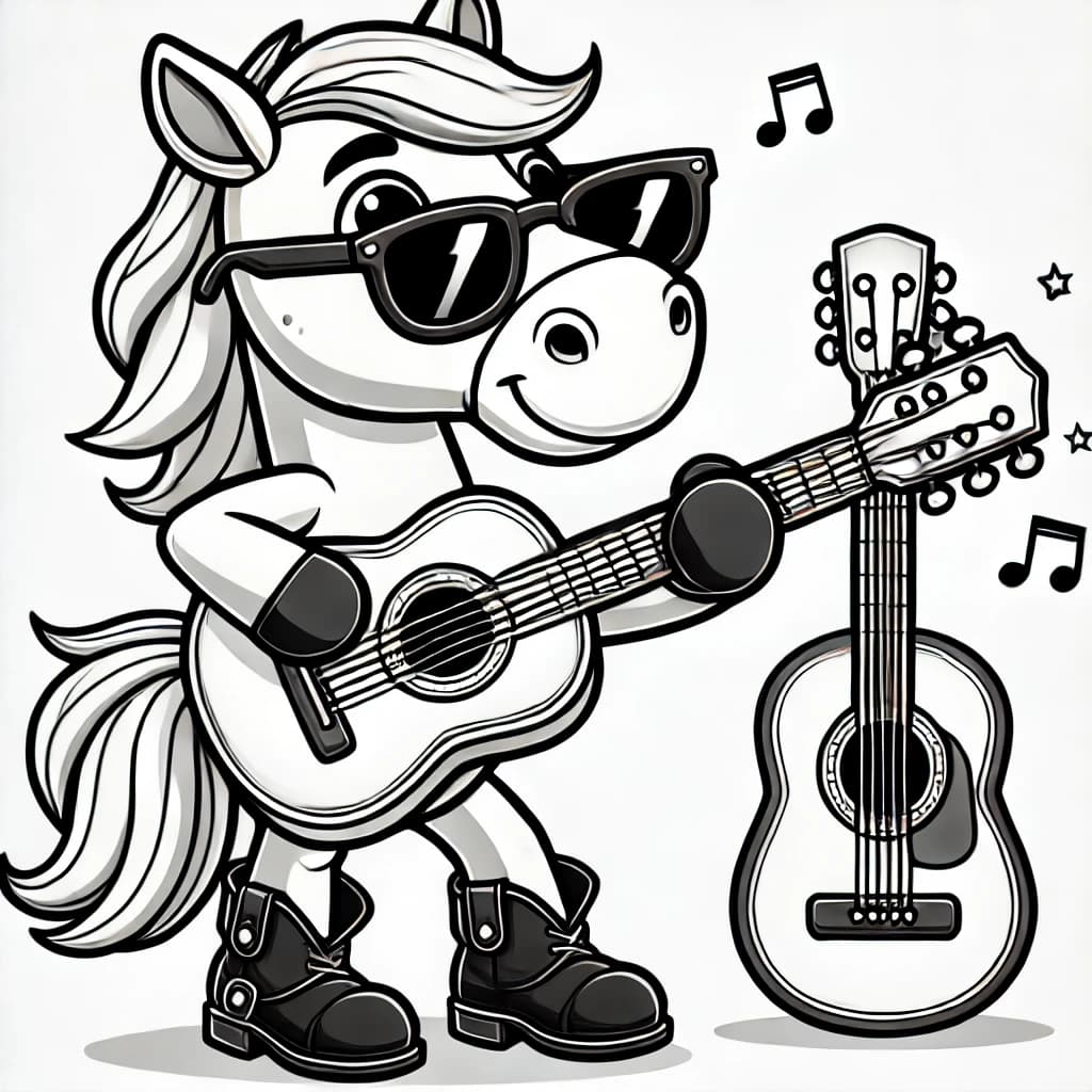 Ausmalbild - Pferd mit Sonnenbrille spielt Gitarre - Pferd, Gitarre, Sonnenbrille, Musik