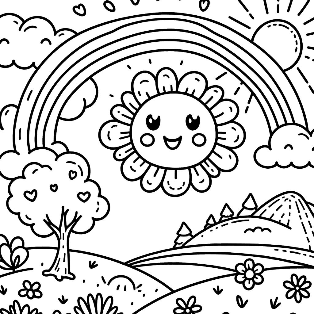 Ausmalbild - Sonniger Tag im Märchenland - Sonne, Wolken, Regenbogen, Baum