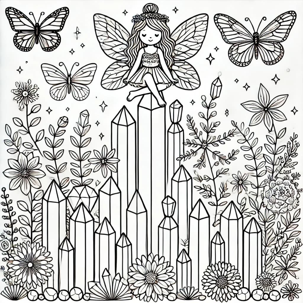 Ausmalbild - Kristallpyramide mit Elfe - Kristalle, Elfe, Schmetterlinge, Blumen