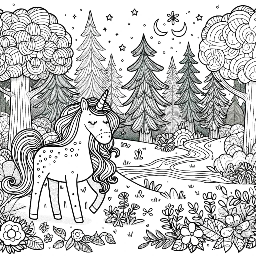 Ausmalbild - Einhorn im Zauberwald - Einhorn, Zauberwald, Bäume, Blumen