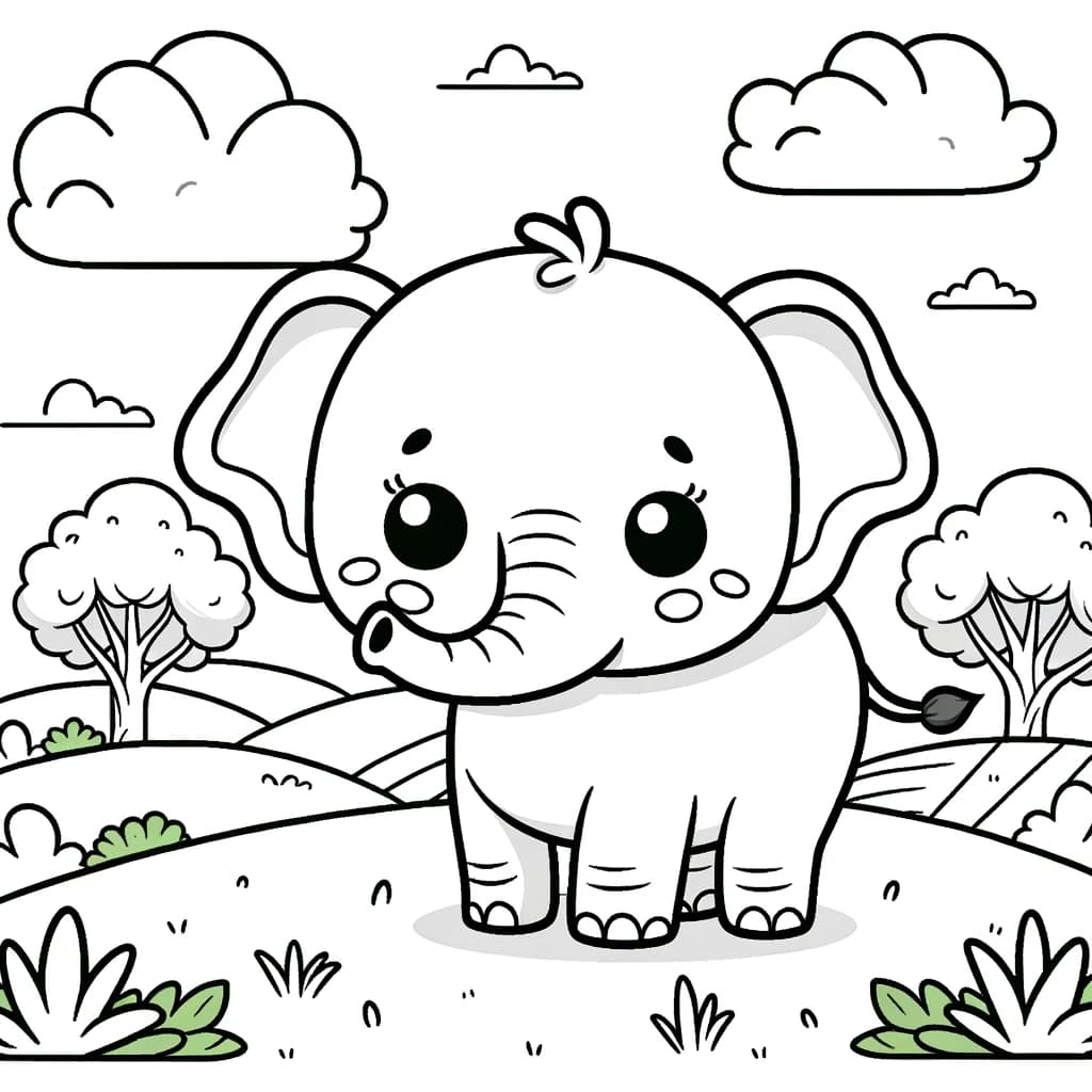 Ausmalbild - Der fröhliche Elefant - Elefant, Grasfeld, Bäume, Wolken