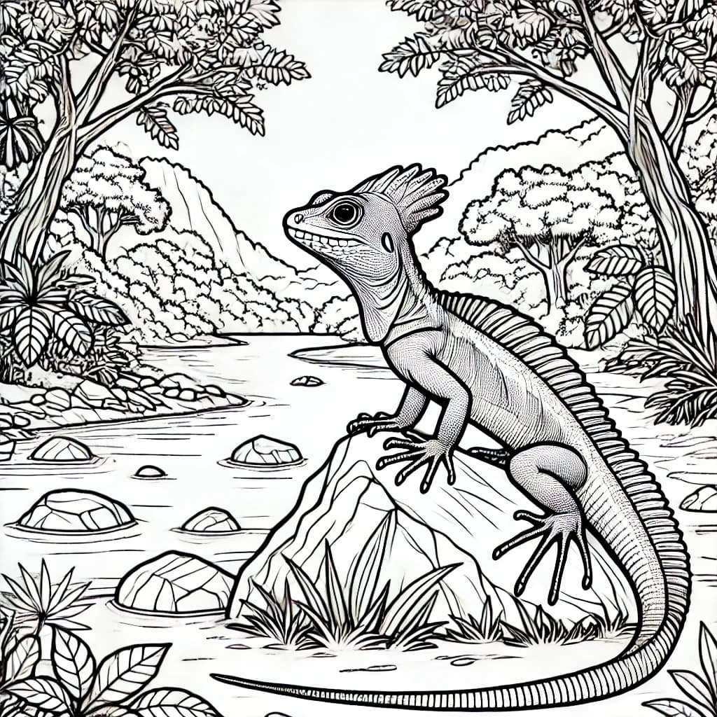 Ausmalbild - Basilisk am Fluss - Basilisk, Echse, Dschungel, Fluss
