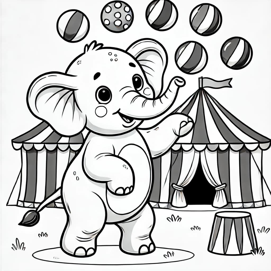 Ausmalbild - Elefant jongliert im Zirkus - Elefant, Zirkus, Jonglieren, Bälle