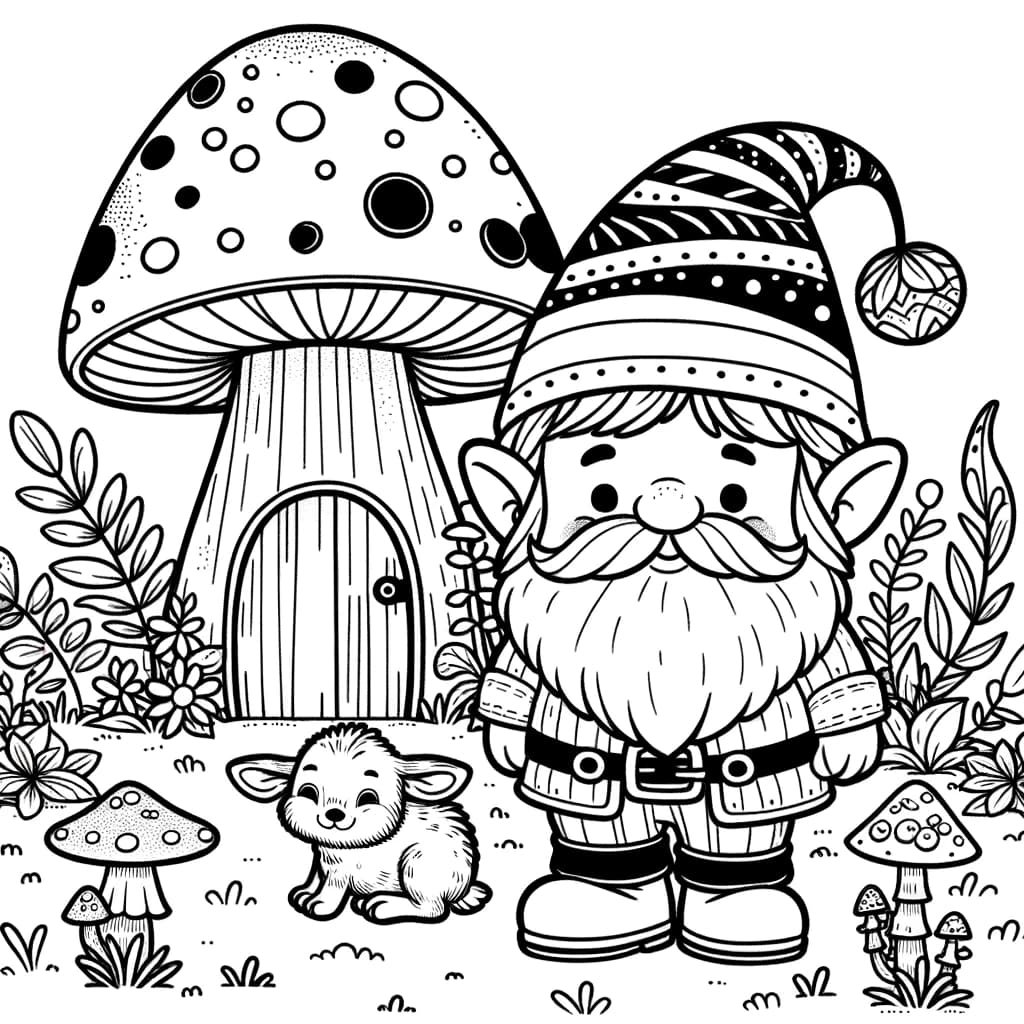 Ausmalbild - Der Zwerg und sein Pilzhaus - Zwerg, Pilzhaus, Tiere, Pflanzen