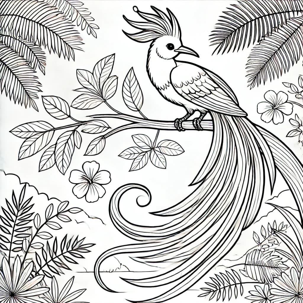 Ausmalbild - Paradiesvogel im tropischen Wald - Paradiesvogel, Vogel, Tropen, Natur