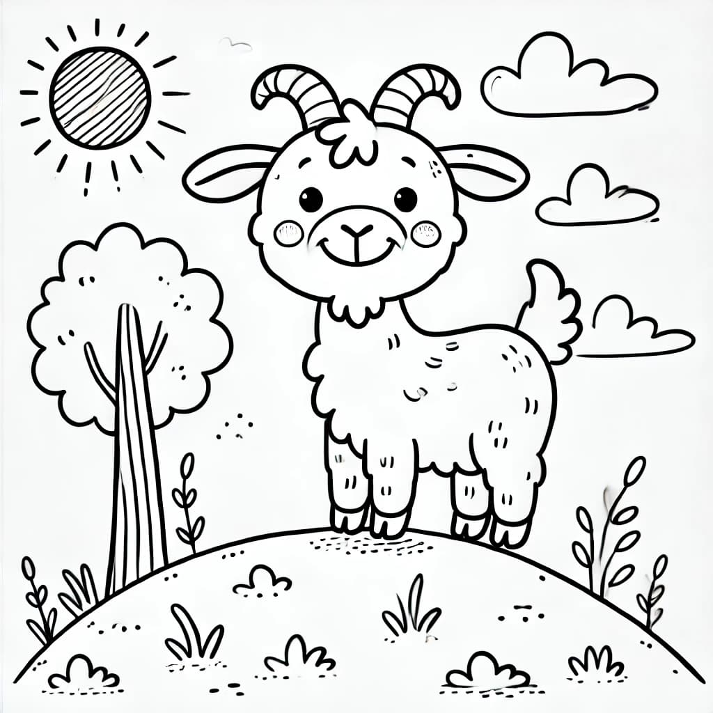 Ausmalbild - Ziege auf dem Hügel - Ziege, Bauernhof, Natur, Hügel