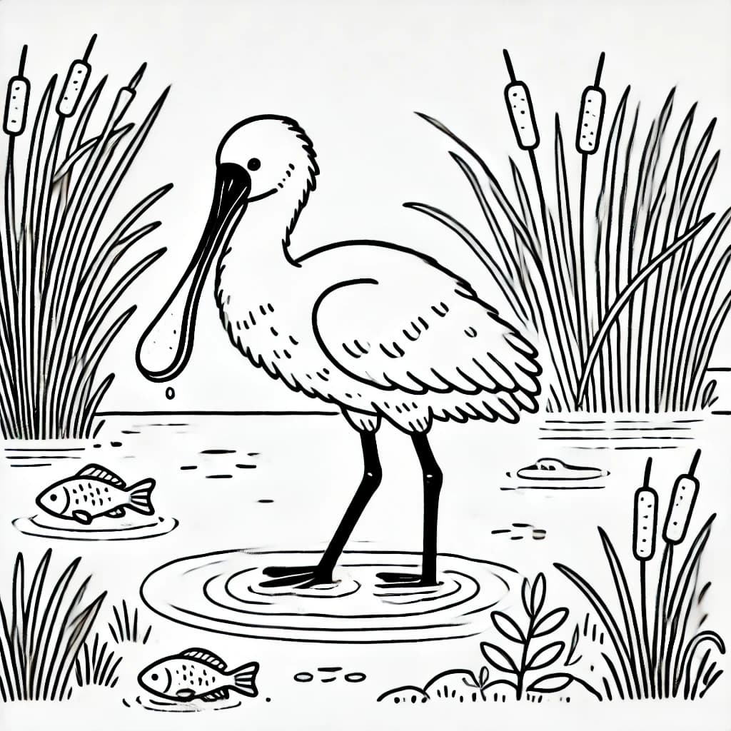Ausmalbild - Löffler am Wasser - Löffler, Vogel, Natur, Wasser