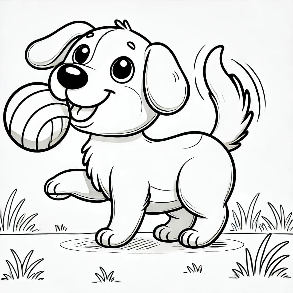Ausmalbild - Fröhlicher Hund mit Ball - Hund, Ball, Schwanzwedeln, Spielen
