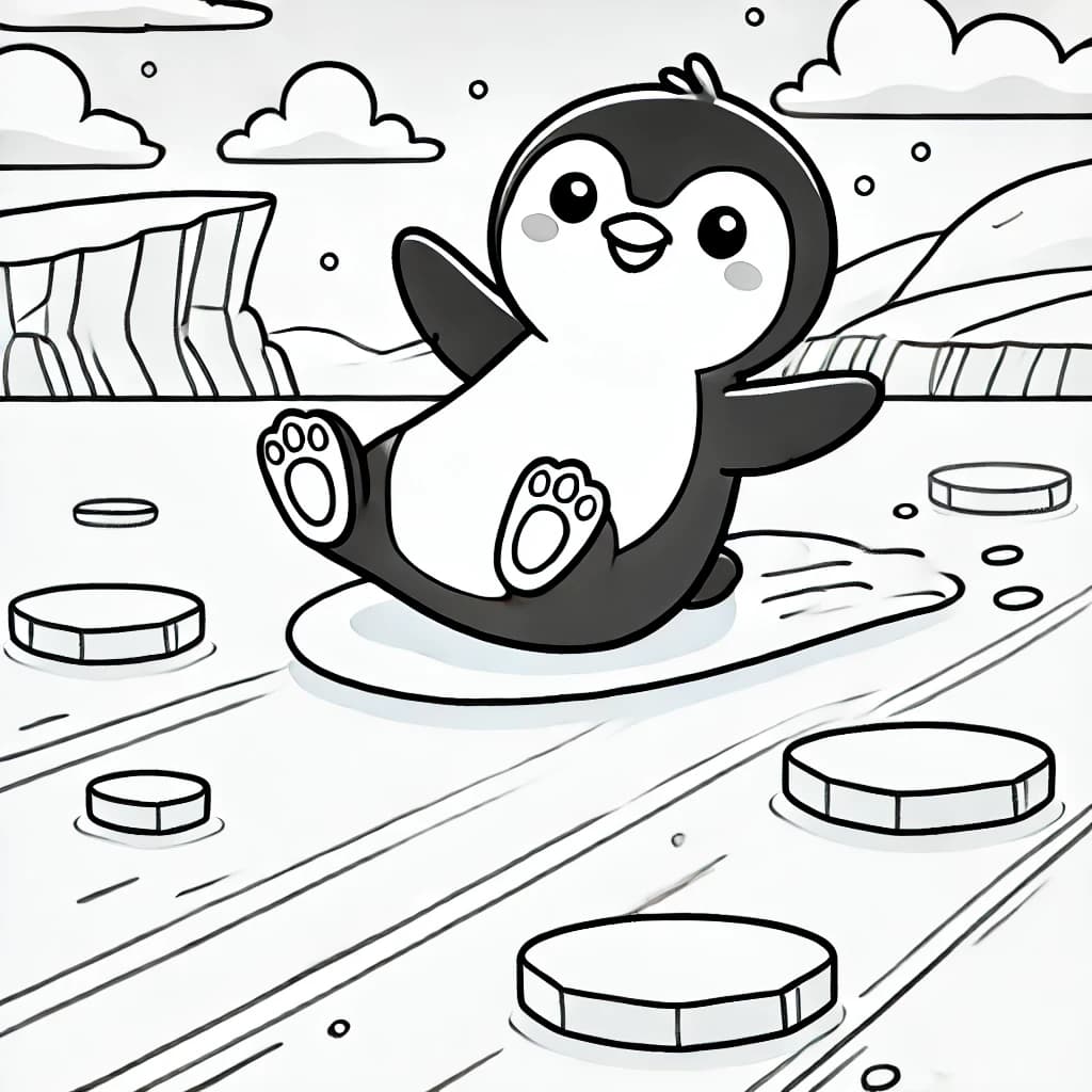 Ausmalbild - Pinguin rutscht über das Eis - Pinguin, Eis, Winter, Rutschen