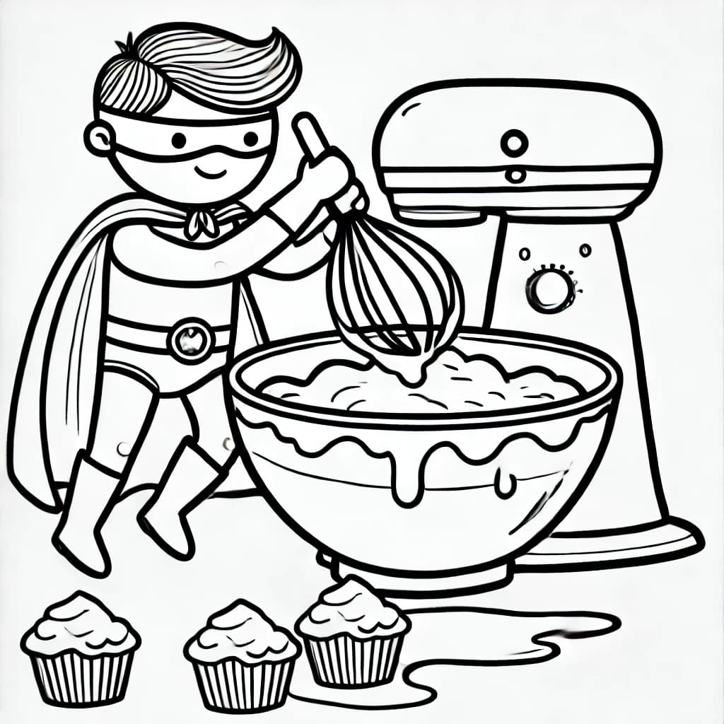 Ausmalbild - Superheld beim Kuchenbacken - Superheld, Kuchen, Backen, Superkraft