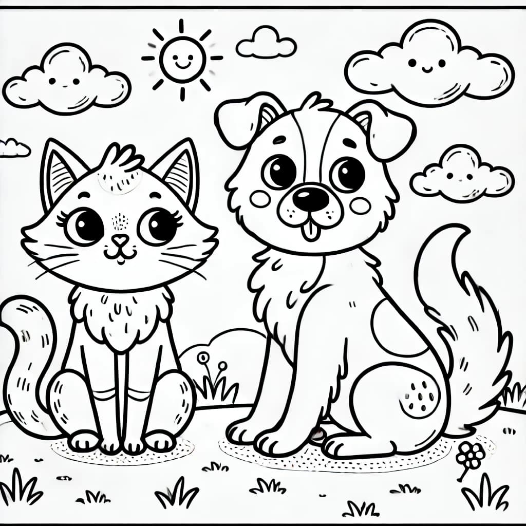 Ausmalbild - Katze und Hund – Beste Freunde - Katze, Hund, Freundschaft, Tiere