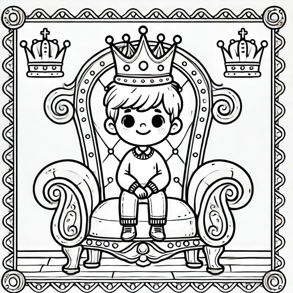 Ausmalbild - Der kleine König auf dem Thron - Junge, Krone, Thron, König