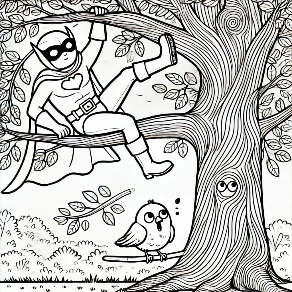 Ausmalbild - Superheld steckt im Baum fest - Superheld, Baum, Fliegen, Abenteuer