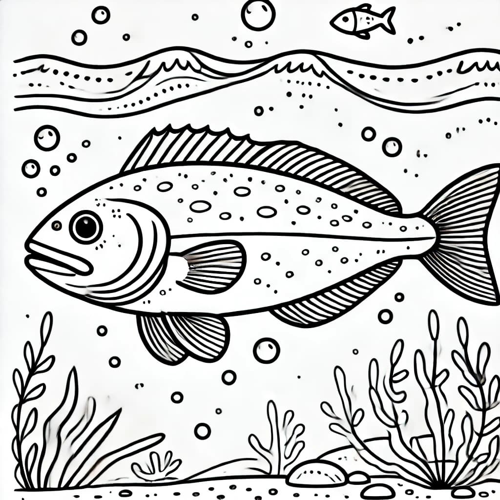 Ausmalbild - Fröhlicher Kabeljau im Ozean - Kabeljau, Fisch, Meer, Unterwasser
