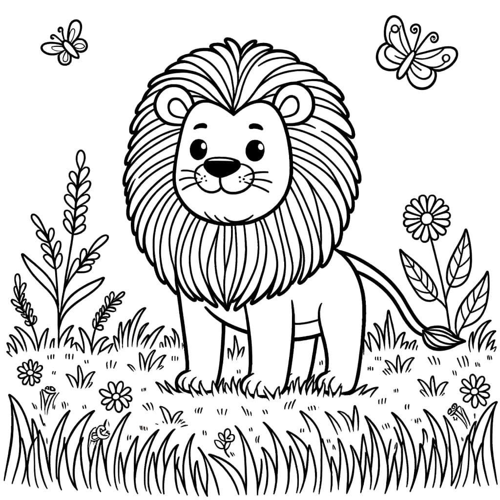 Ausmalbild - Der freundliche Löwe auf der Wiese - Löwe, Wiese, Gras, Blumen