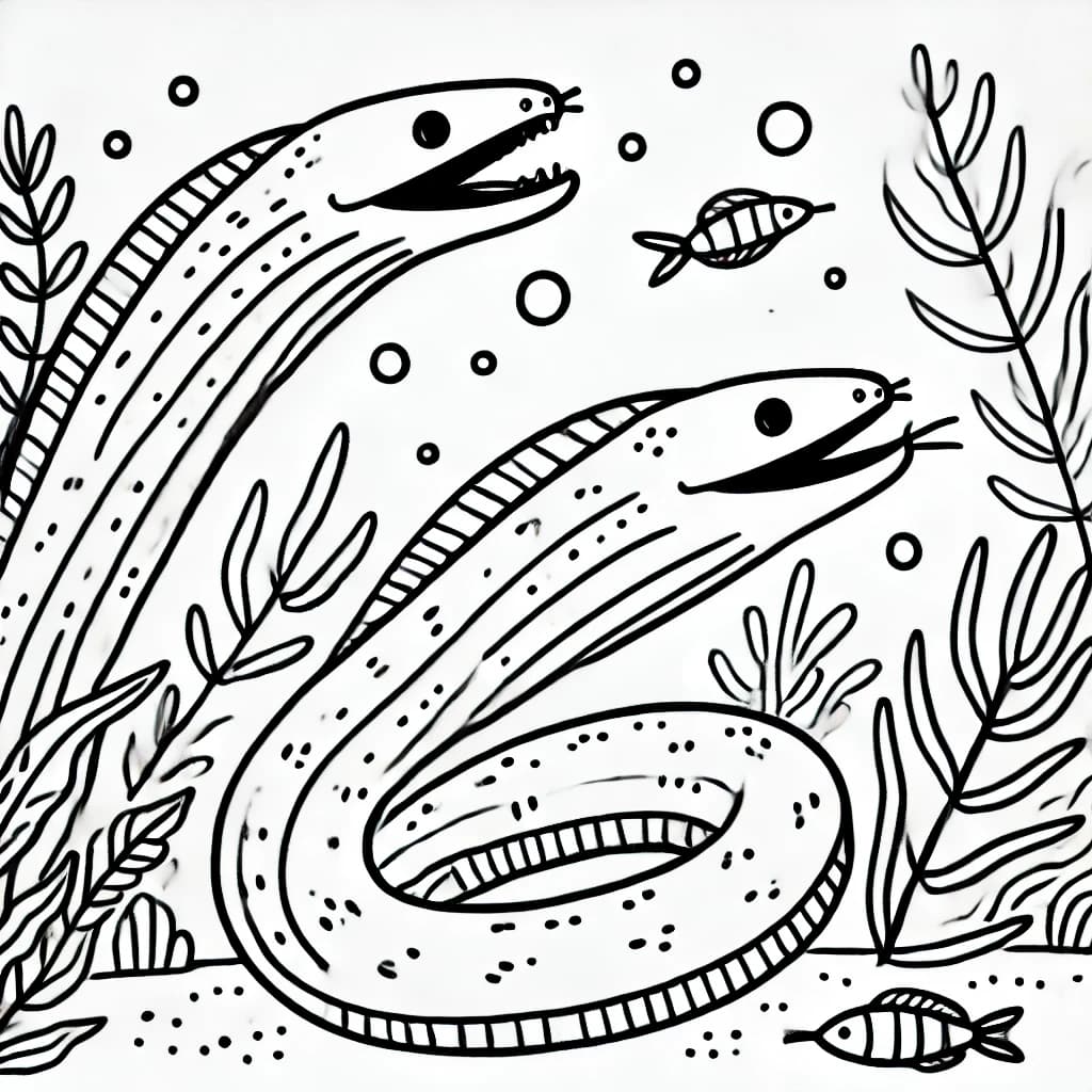 Ausmalbild - Zwei Muränen im Ozean - Muräne, Fisch, Meer, Ozean