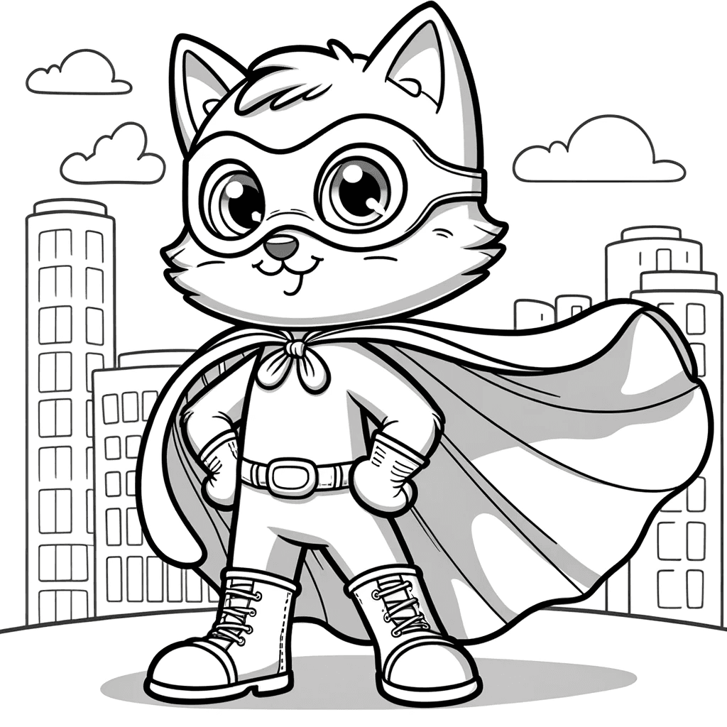 Ausmalbild - Superhelden-Katze in der Stadt - Superhelden-Katze, Umhang, Stadt