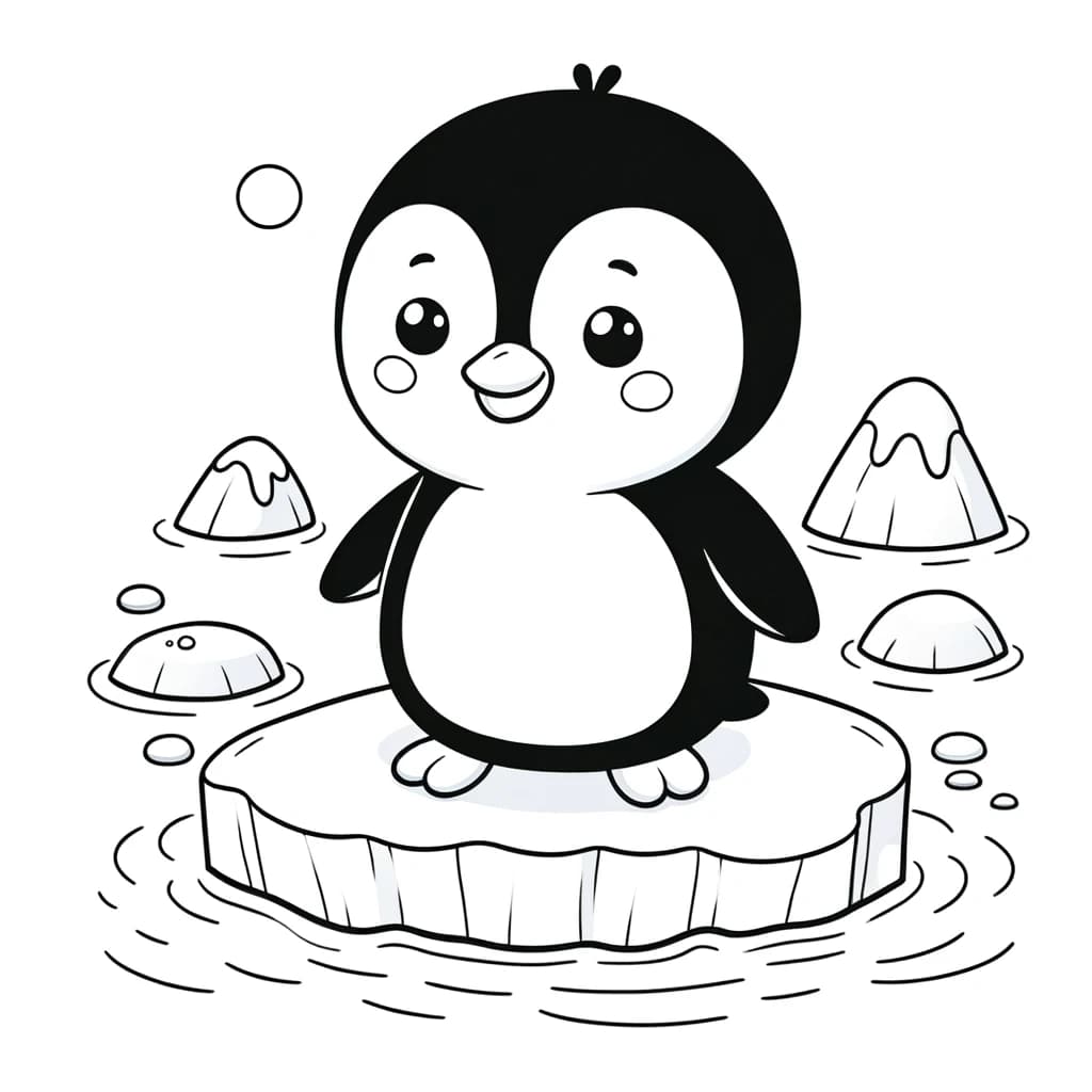 Ausmalbild - Freundlicher Pinguin auf einem Eisberg - Pinguin, Eisberg