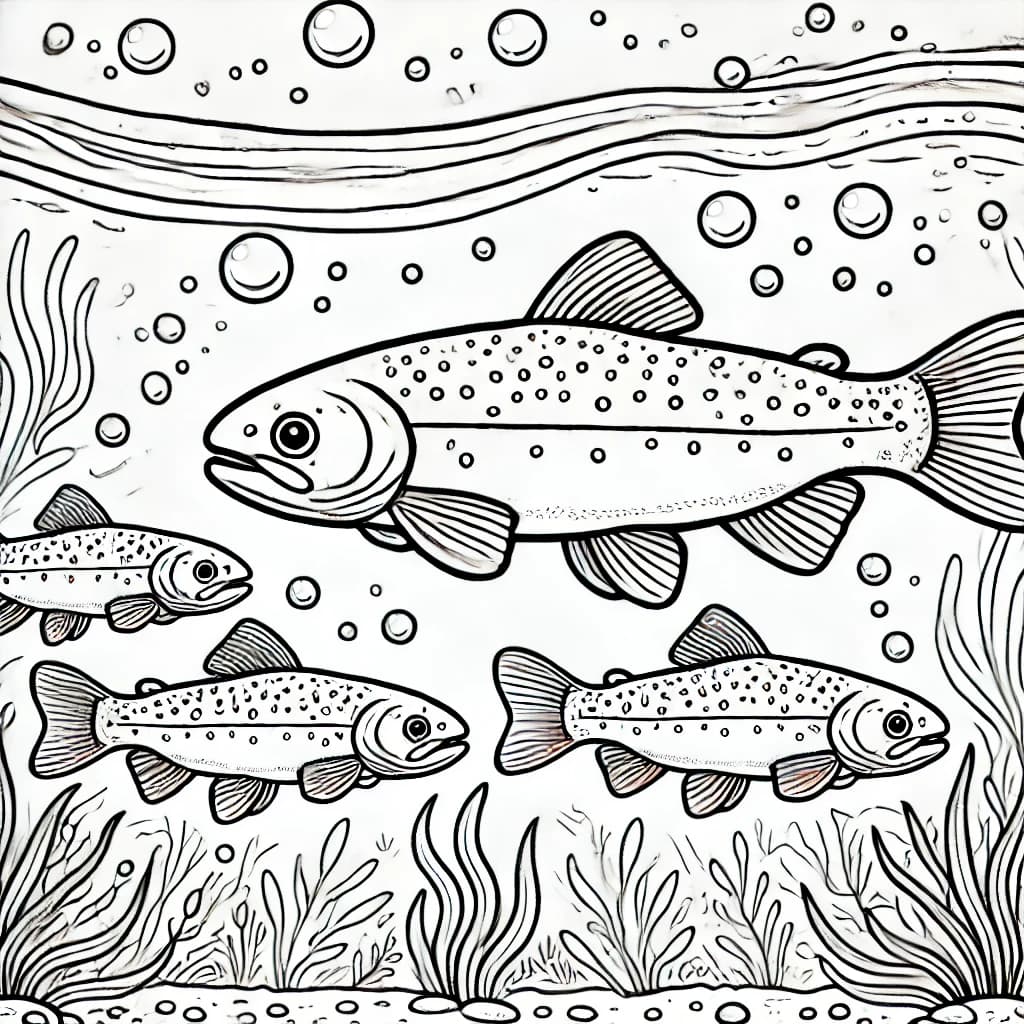 Ausmalbild - Familie Forelle unter Wasser - Forelle, Fischfamilie, Unterwasser, Blasen