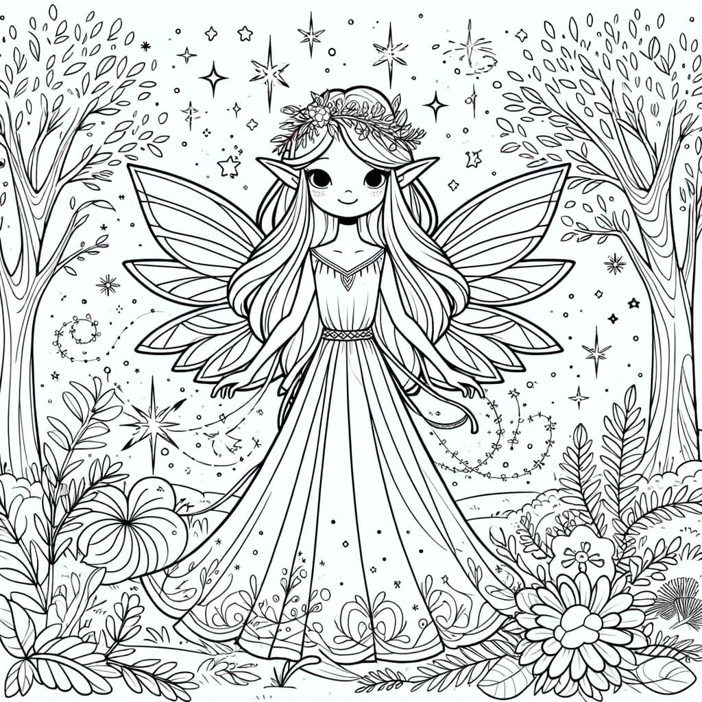 Ausmalbild - Die magische Elfe im Sternenlicht - Elfe, Sterne, Wald, Blumen