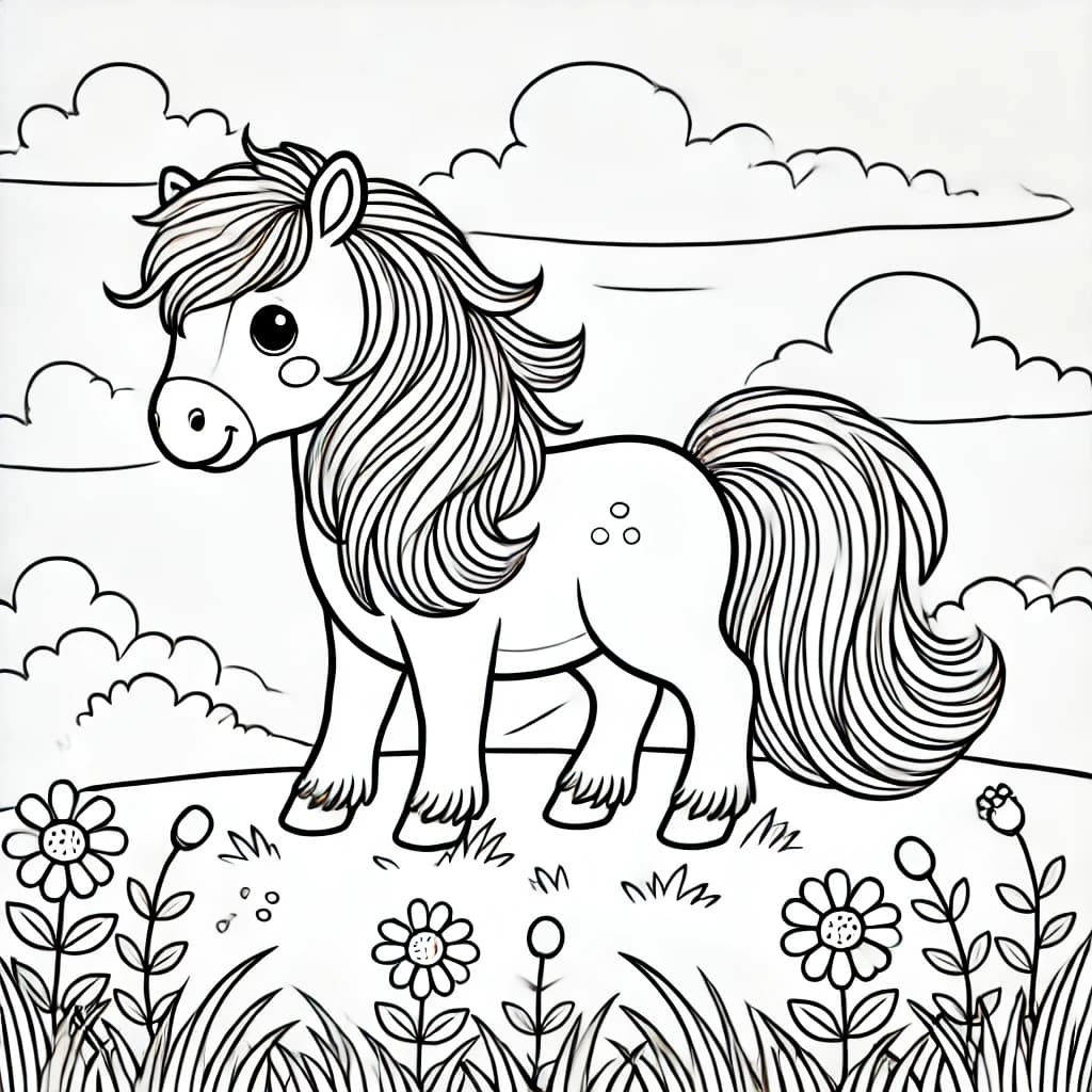 Ausmalbild - Pferd auf der Wiese - Pferd, Wiese, Blumen, Himmel