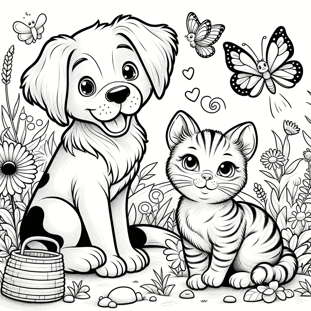 Ausmalbild - Tierische Freunde - Hund, Katze, Schmetterling, Wiese